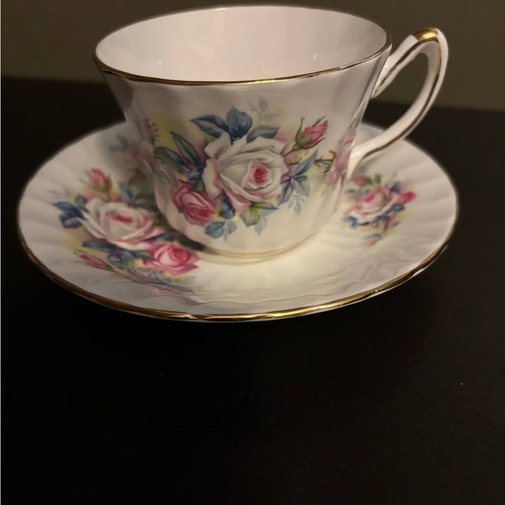 Vintage Floral Cup and Saucer with Gold Trim